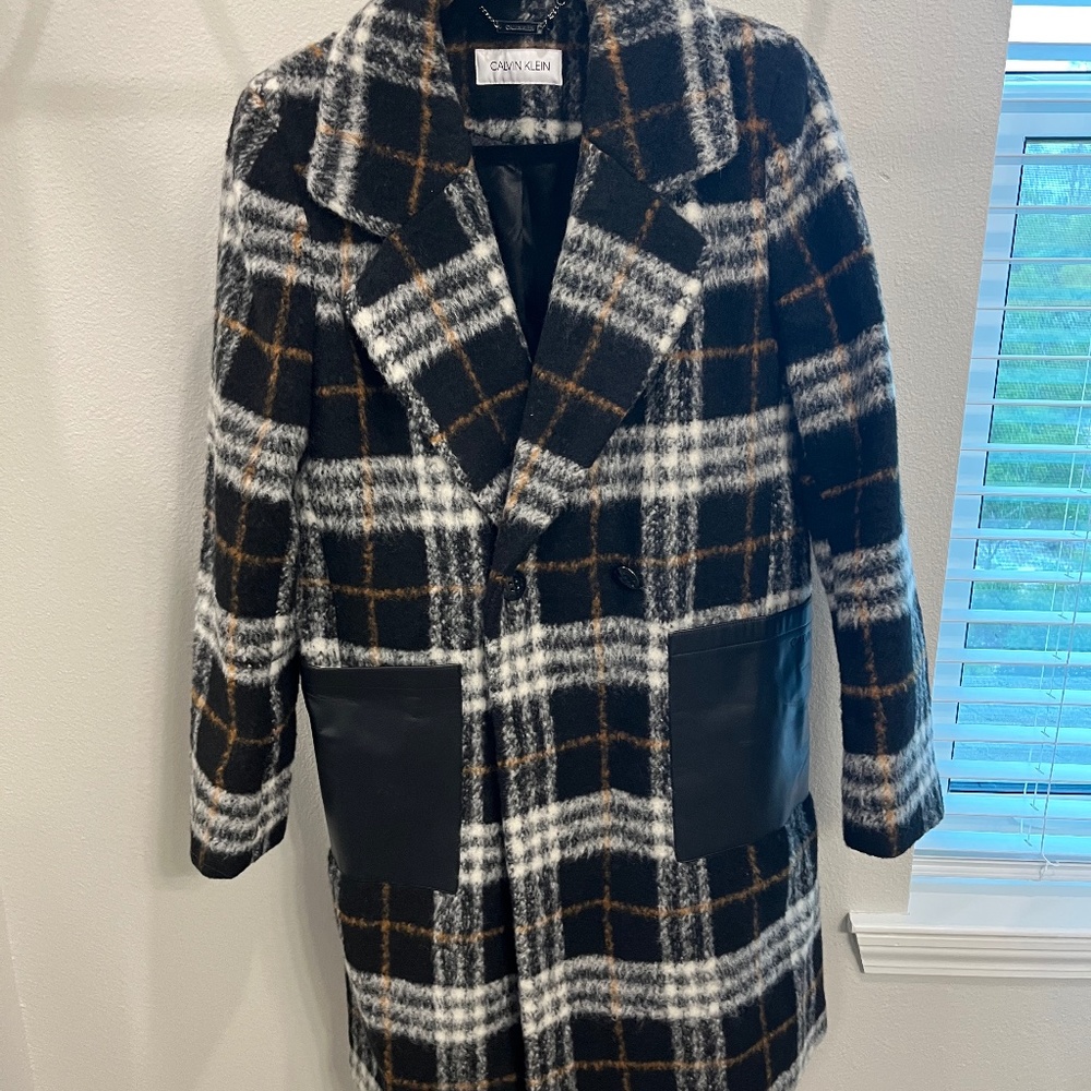 CALVIN KLEIN Womens Plaid Walker Coat Black/White/Brown Medium